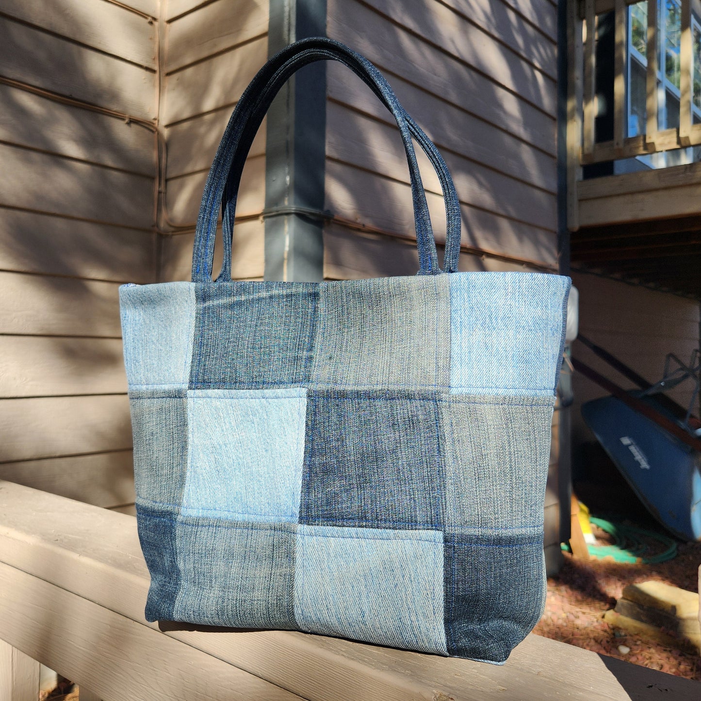 blue checkered denim tote bag