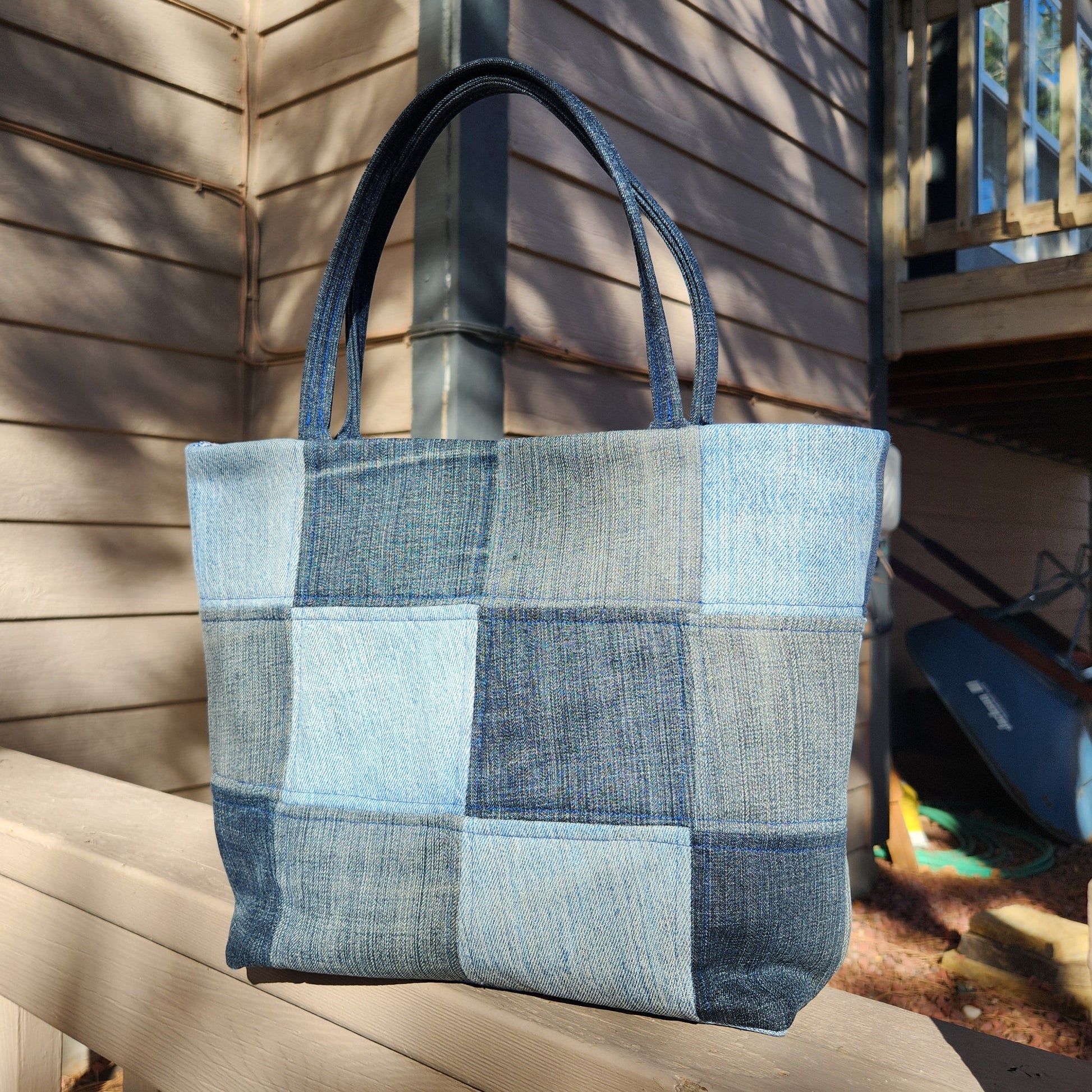 blue checkered denim tote bag